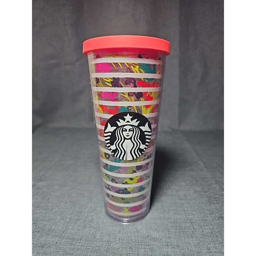 Starbucks Coffee 2017 Floral Stripes Cold Cup Tumbler 24 oz Spring To Go Drink